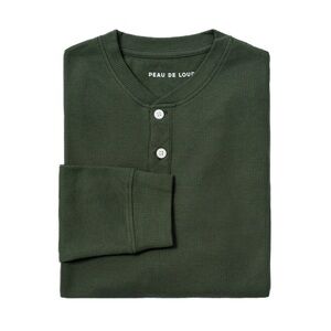Peau De Loup Olive Green Henley- Ribbed Waffle Button-Up Top